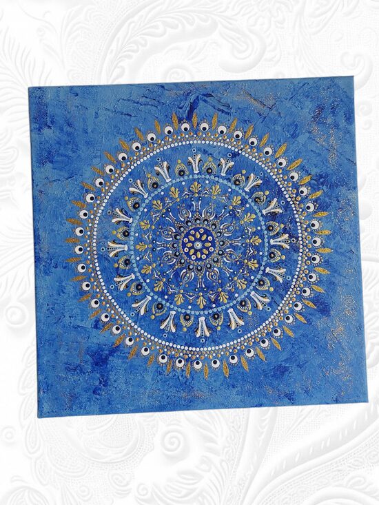 Handmade Blaue Mandala mit Gold - Klarheit, Stille und geistige Führung