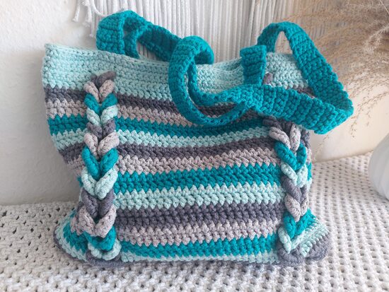 häkeltasche " Ocean Breeze" - handgefertigte Baumwolltasche in Türkis und Grau